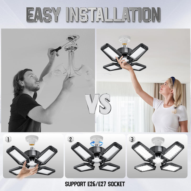 Garage Light 2 Pack 120W, 12000LM Garage Lights Ceiling LED with 4+1 Deformable Panels 6500K LED Garage Light, LED Shop Lights for Workshop, Garage, Basement Support E26/E27 4+1 Panels