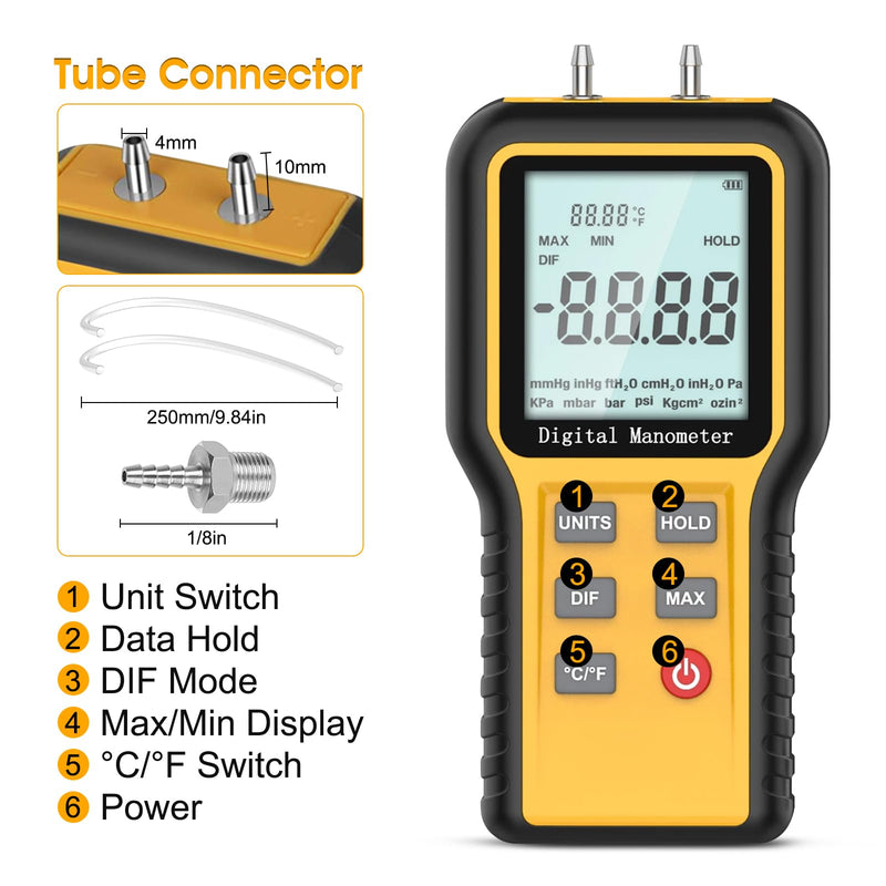 Digital Manometer Gas Pressure Tester with ±0.3% FSO Resolution, Differential Pressure Gauge with 12 Optional Units, Portable Air Pressure Gauge with LCD Backlight. YF-E2-QX1201