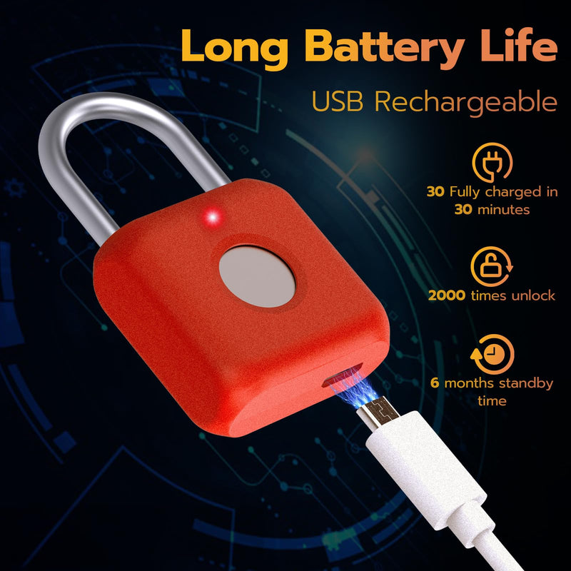 Pothunder Fingerprint Padlock, Smart Metal Keyless Fingerprint Lock, Waterproof, USB Rechargeable, for Gym, School, Luggage, Backpack, Suitcase, Red