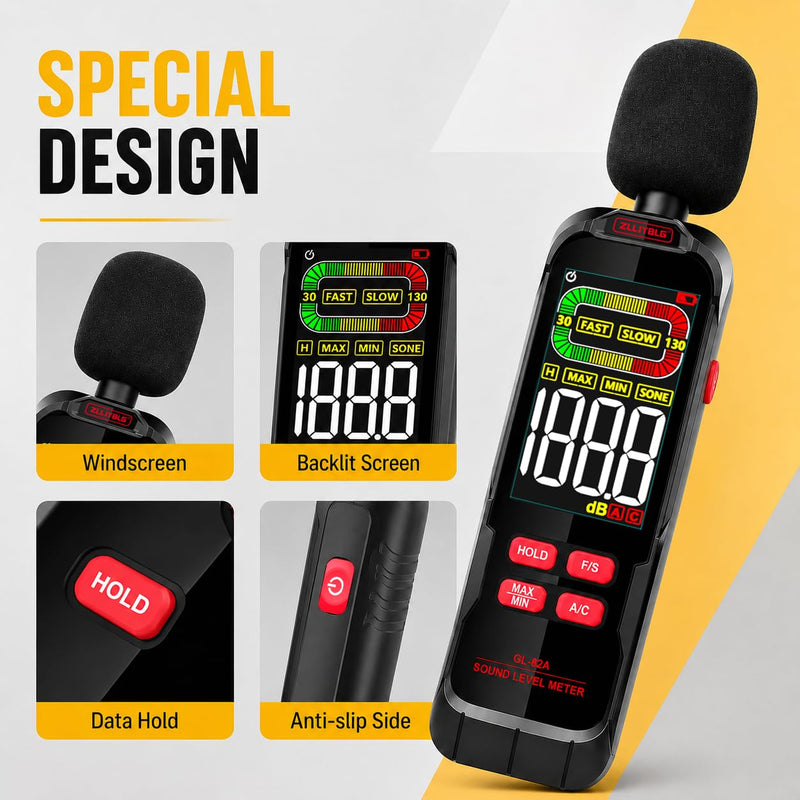 GL82A Digital Sound Level Meter, 30-130dB Decibel Meter with Backlit LCD, High Precision Noise Detector for Home, Office, Factory, Construction & Daily Use | Backlit LCD, High Precision Noise Detector, For Home, Office, Factory, Construction & Daily Use