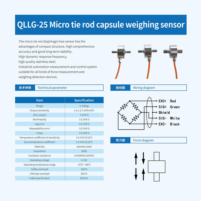 Load Cell Force Sensor, 0.1% High Precision Stainless Steel Tension Compression Sensor for Industrial Weighing & Force Measurement with 3m Cable (0-20KG) 20KG