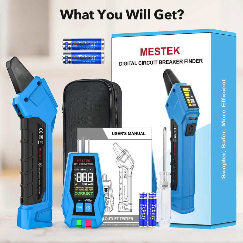 MESTEK Circuit Breaker Finder, Electrical Circuit Tracer Tool Kit with Integrated GFCI Outlet Tester, Works on AC 90-120V, Circuit Tester with Buzzer Alarm & Color LCD Display, Includes Carrying Case