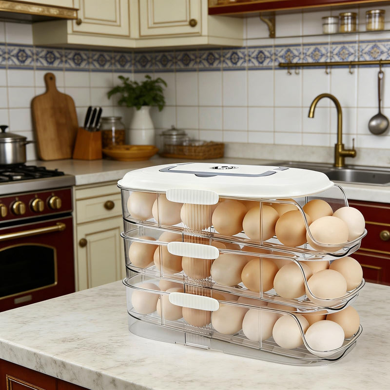 Egg Dispenser for Refrigerator, 3-Layer Clear Plastic Egg Holder Adopt Transparent PET Material & Hidden Handle Design – Egg Organizer for Refrigerator with Cover Lock Buckle (Capacity of 42 Eggs) Capacity of 42 Eggs