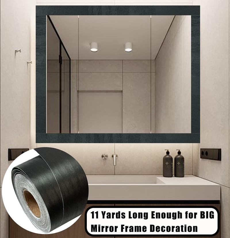 32FT Black Border Peel &Stick Black Wood Grain Wallpaper Border Removable Waterproof Bathroom Mirror Frame Sticker,3.94 Inches by 32.8 Ft