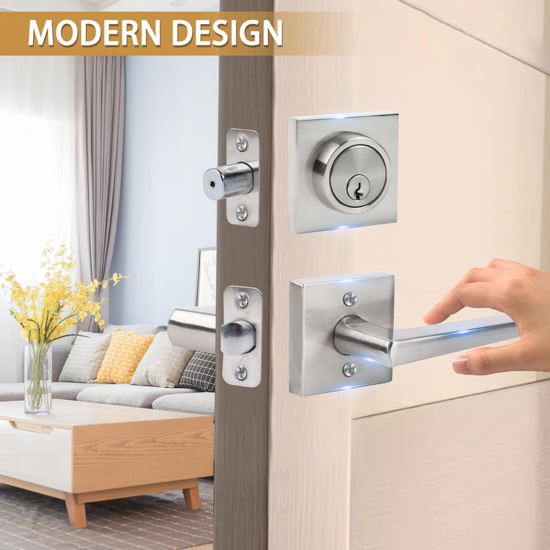 Front Door Lock sSet Front Door Handle and Deadbolt Set,Square Heavy Duty Exterior Door Knob with Deadbolt,Brushed Nickel,1pack 1pack-set Satin Nickel