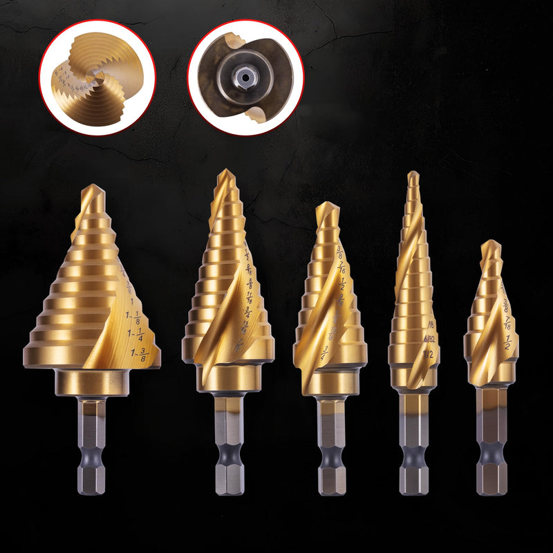 6-Piece HSS 4241 Titanium Coated Step Drill Bit & Automatic Center Punch Set, Double Spiral Flute, 118° Split Point, Hex Shank, Multi-Size for Metal Wood Plastic 6PCS SET