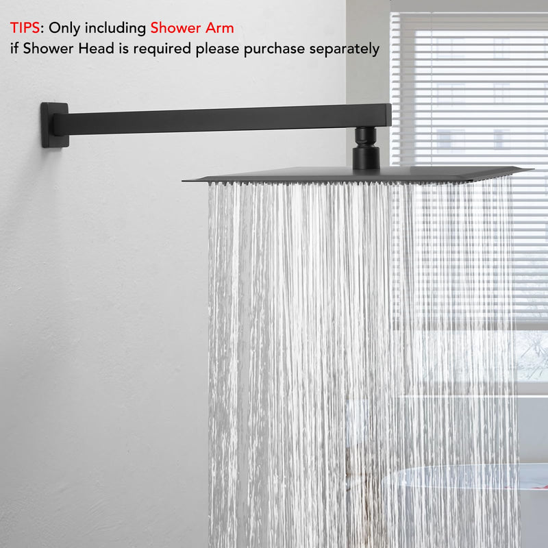 BESy 16 Inches Straight Extended Shower Arm With Flange, Rain Shower Head Extension Arm, Square Shower Rod Shower Head Extender Arm Shower Pipe Extension, Wall-Mounted Matte Black Stainless Steel