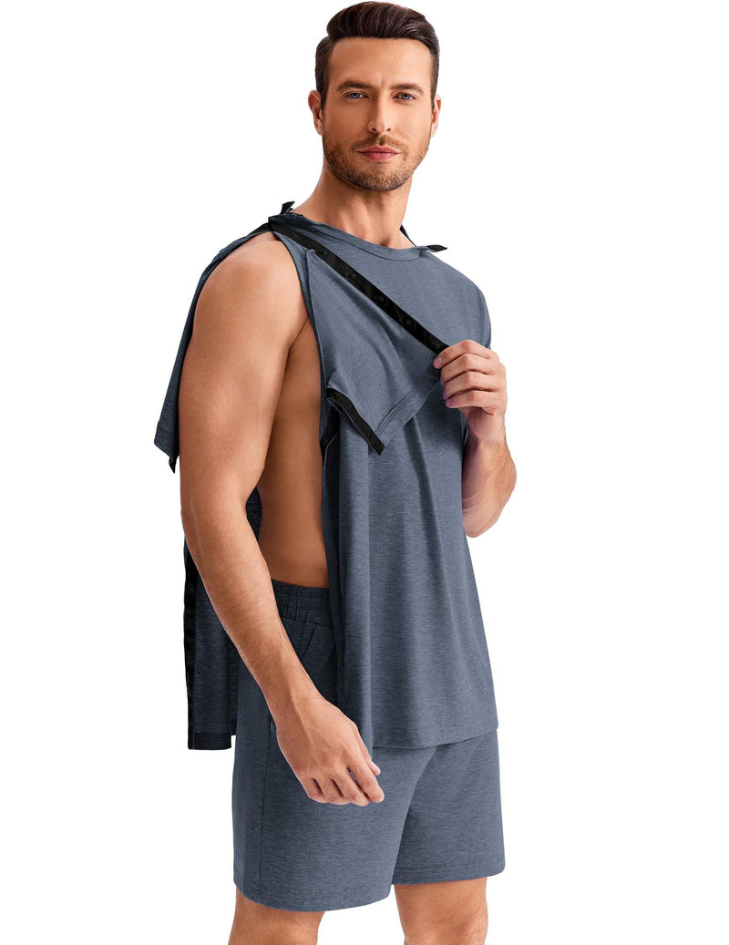 Deyeek 2pcs Set Shoulder Surgery Shirts for Men Full Open Side Snap Hospital Gowns Adaptive Post Shoulder Shirts w/Shorts Navy Blue 3X-Large