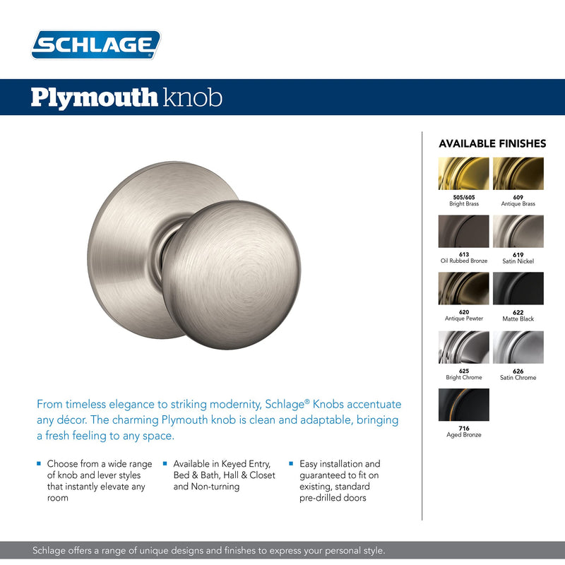 Schlage F40 PLY 622 Plymouth Door Knob, Bed & Bath Privacy Lock, Matte Black Standard