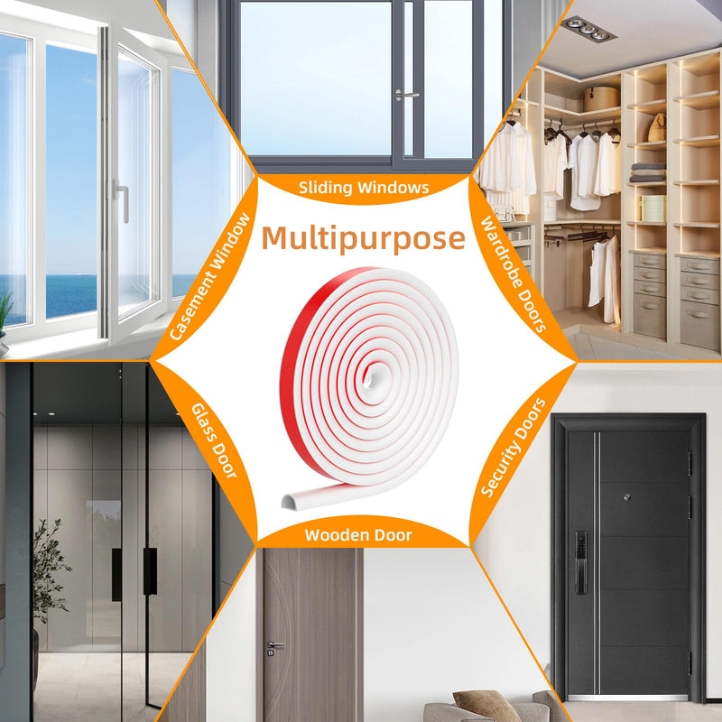 23FT Weather Stripping Door Seal, Self Adhesive Door Weather Stripping, Silicone Door Seal Strip for Door Frame, D-Shaped Door Insulation Strip, for Door & Window (White, 3/8"(W)×1/4"（T) ×23ft(L) White 3/8"(W)×1/4"（T) ×23ft(L)