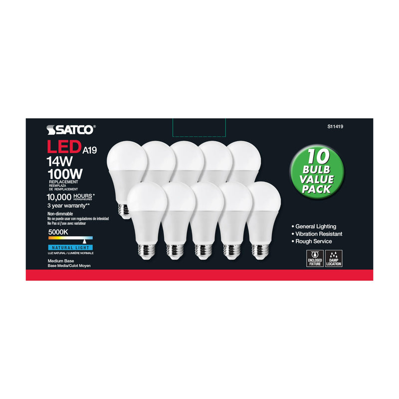 Satco S11419 14-Watt A19 LED Light Bulbs, 100-Watt Replacement, 5000K Natural Light, 1600 Lumens, 10 Pack 10 Count (Pack of 1)