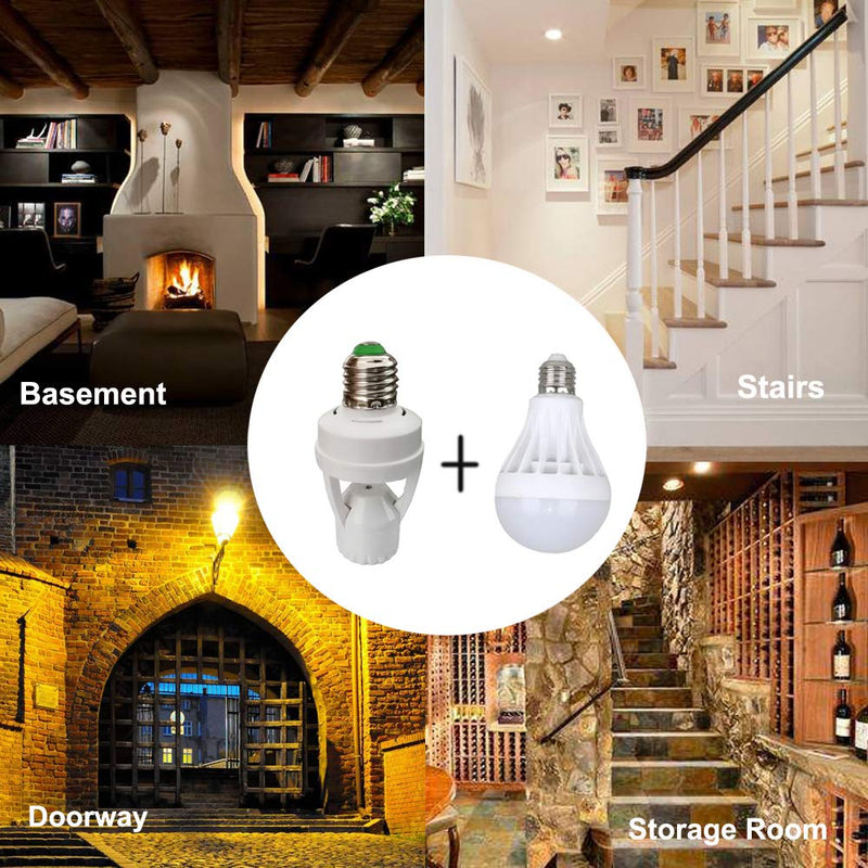 PIR Motion Sensor Light Socket,E26/E27 Smart Lamp Bulb Holder Adapter Auto On/Off Light Control Suitable for Garage Basement Porch Storage Room Indoor Use Only