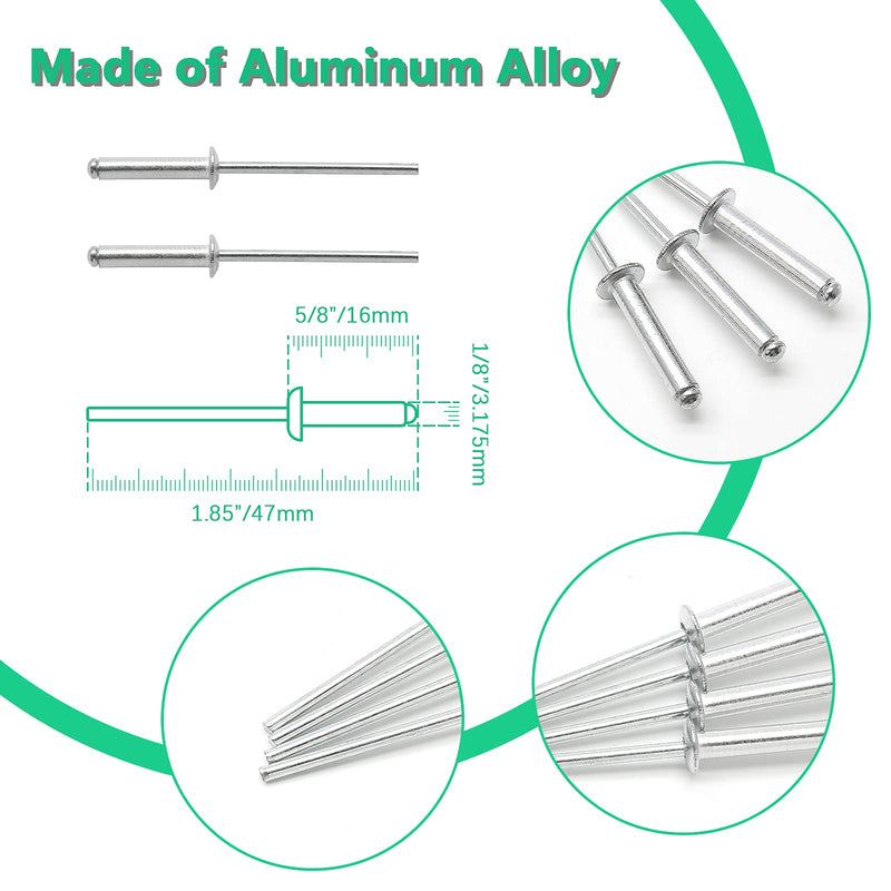 100Pcs Aluminum Pop Rivets 1/8" x 5/8" (Diameter x Grip Length), Dome Head Blind Rivets for Sheet Metal Automotive Railway 1/8" x 5/8" (Diameter x Grip Length)