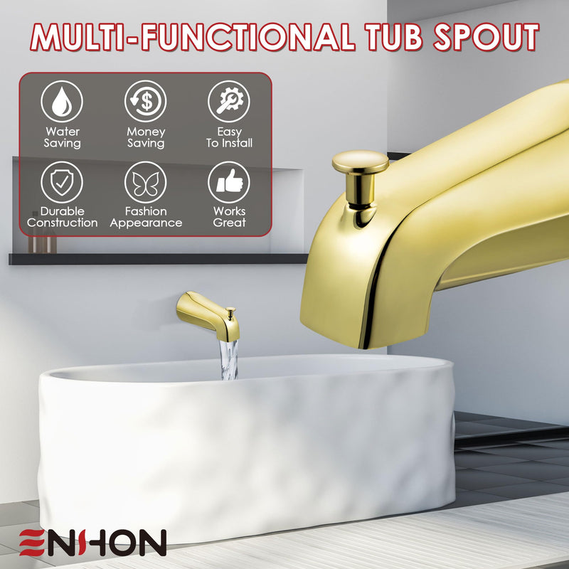 Enhon Tub Spout with Diverter, Slip-Fit Bathtub Faucet Spout Replacement, 1/2 Copper Pipe Connection, Easy to Install, Universal for Bathroom Shower(Polished Brass,1 Pack) Polished Brass