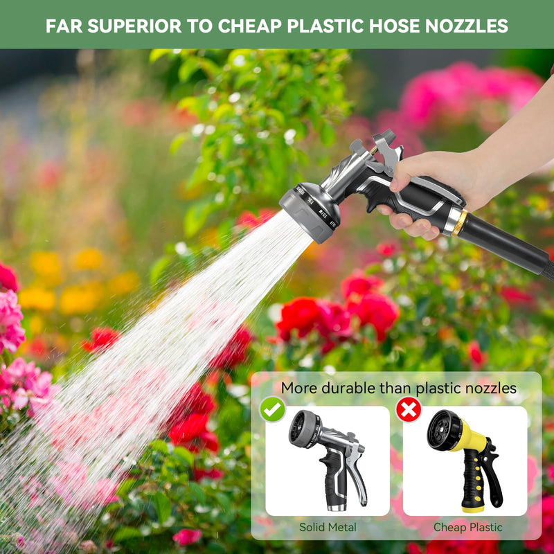 Garden Hose Nozzle, Heavy Duty Metal Water Hose Nozzle with 8 Adjustable Spray Patterns, High Pressure Hand Sprayer with Flow Control for for Garden Watering, Car & Pet Washing Black