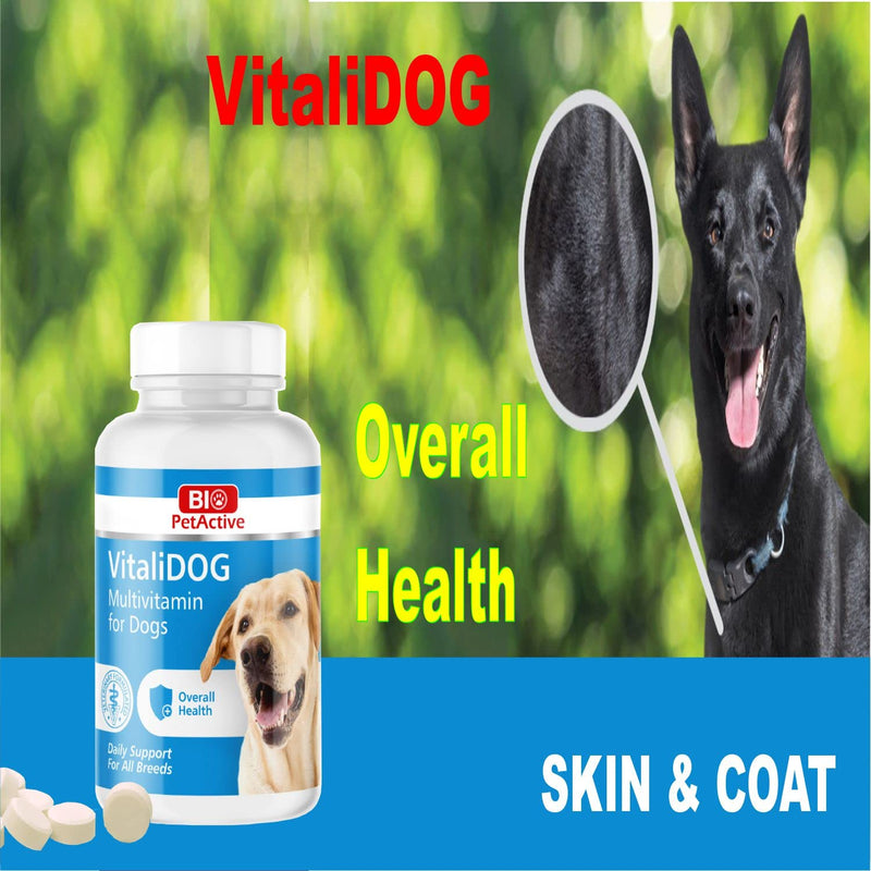 VitaliDOG Multivitamin for Dogs, Skin and Coat Supplement, Dog Prenatal Health Supplies, Vitamin A + E + B9 + B5 + H + Biotin + Amino Acids + Folic Acid for Dogs, 150 Chewable Tablets - PawsPlanet Australia