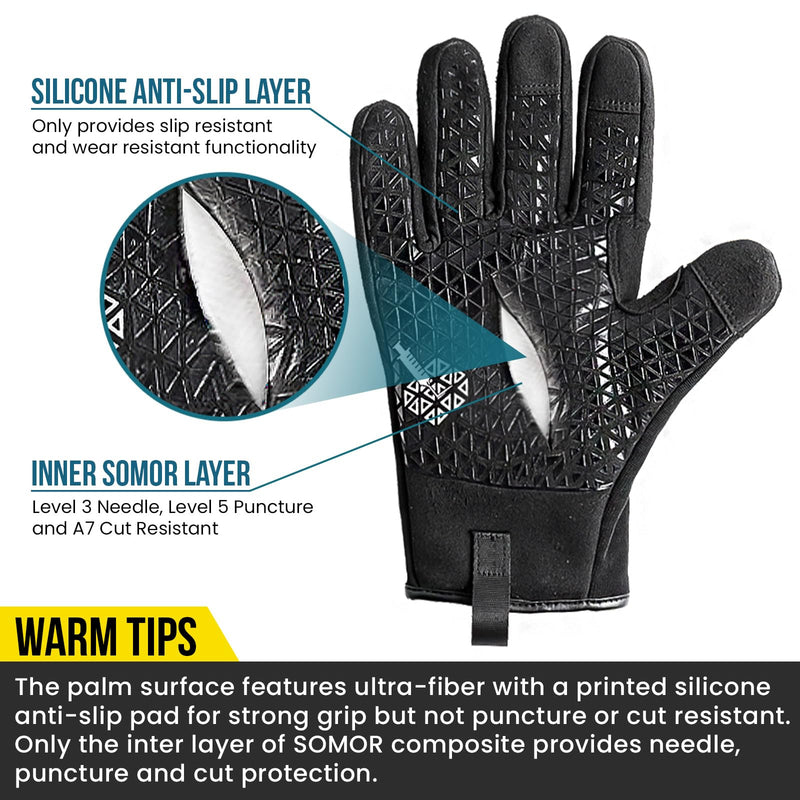 TAILI Level 3 Needle, Level 5 Puncture Resistant Men Work Gloves, Grip Enhanced A7 Cut Resistant Safety Gloves, Touchscreen and Breathable, Black, Large (L), 1 Pair Needle-resistant, Cut-resistant