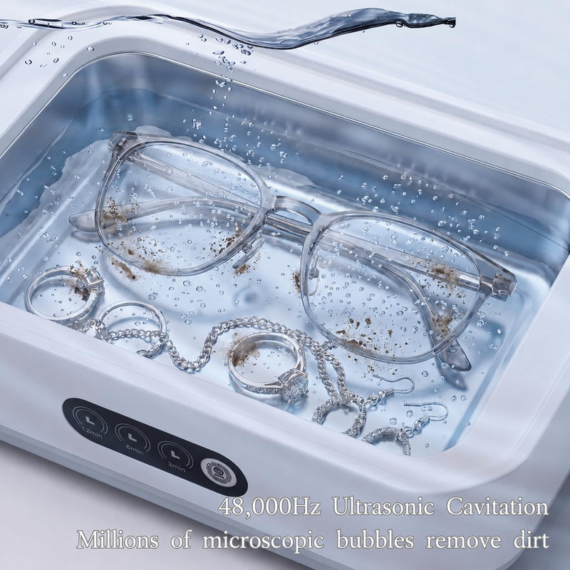 BeGrit 48KHz Ultrasonic Jewelry Cleaner, 3 Timer Modes, Stainless Steel Tank, White Cleaner with Lid & Tweezers for Rings, Glasses, Watch Bands