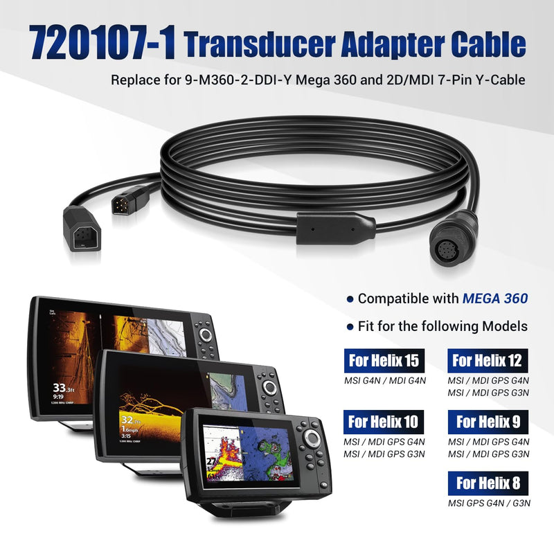 720107-1 Transducer Adapter Cable 10ft. Replace for 9-M360-2-DDI-Y Mega 360 & 2D/MDI 7-Pin Y-Cable, fit for Helix 15/12/10/9/8 Fish Finders, Compatible with MEGA 360