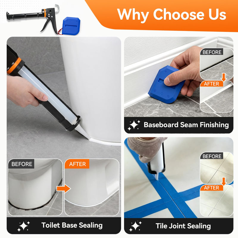 Caulk Gun Kit, Smooth Silicone Caulking Gun and Caulk Remover Tool, Sealant Finishing Tool Grout Scraper for Kitchen Bathroom Window Sink Joint, All in One with Gift Box Black