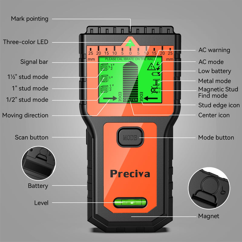 Stud Finder, Preciva Wall Scanner-8 in 1 Multifunctional Wall Detector with 6 Modes & 2 Functions for Studs, Wood, Metal, and AC Wires Detection (9V Battery Included) Orange