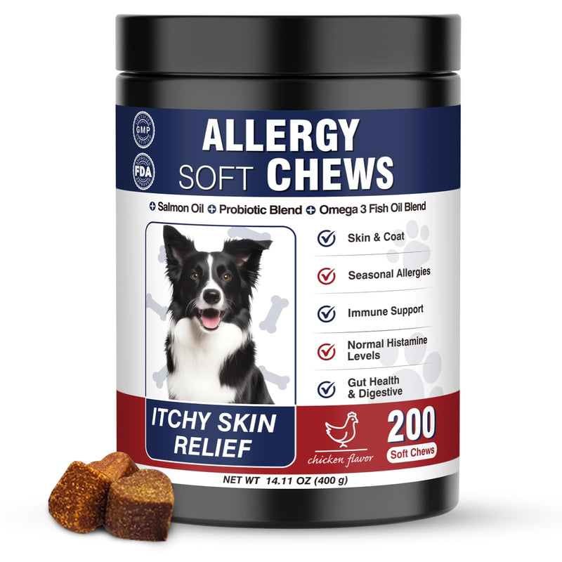 Dog Allergy Chews 200 Soft Treats, for Dogs Seasonal Allergy Relief - Dog Licking Paws Treatment - Anti Itchy Skin- Immune Bites - Probiotic Chew Supplement for Dogs Allergies and Itching Support