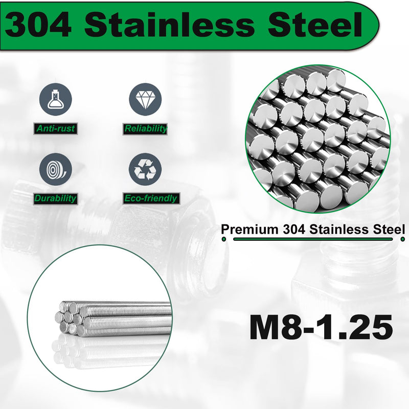 M8x250mm Fully Threaded Rod M8-1.25 2 Pcs Thread Rod 304 Stainless 10" Length Steel Right Hand Threads Metric Threaded Rod All Threaded Rod Studs Battery Post Extended