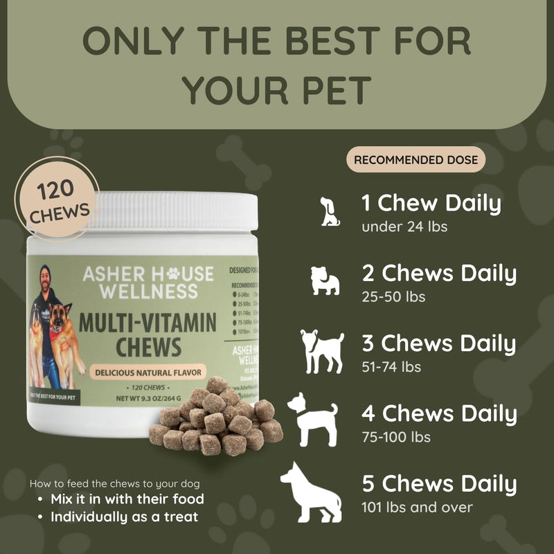 Asher House Wellness Dog Multivitamin Chews - Dog Vitamins and Supplements, Soft Chew for Pet Dogs with Probiotics, Flaxseed, Colostrum - Comprehensive Health Support from Puppy to Senior, 120 Chews - PawsPlanet Australia
