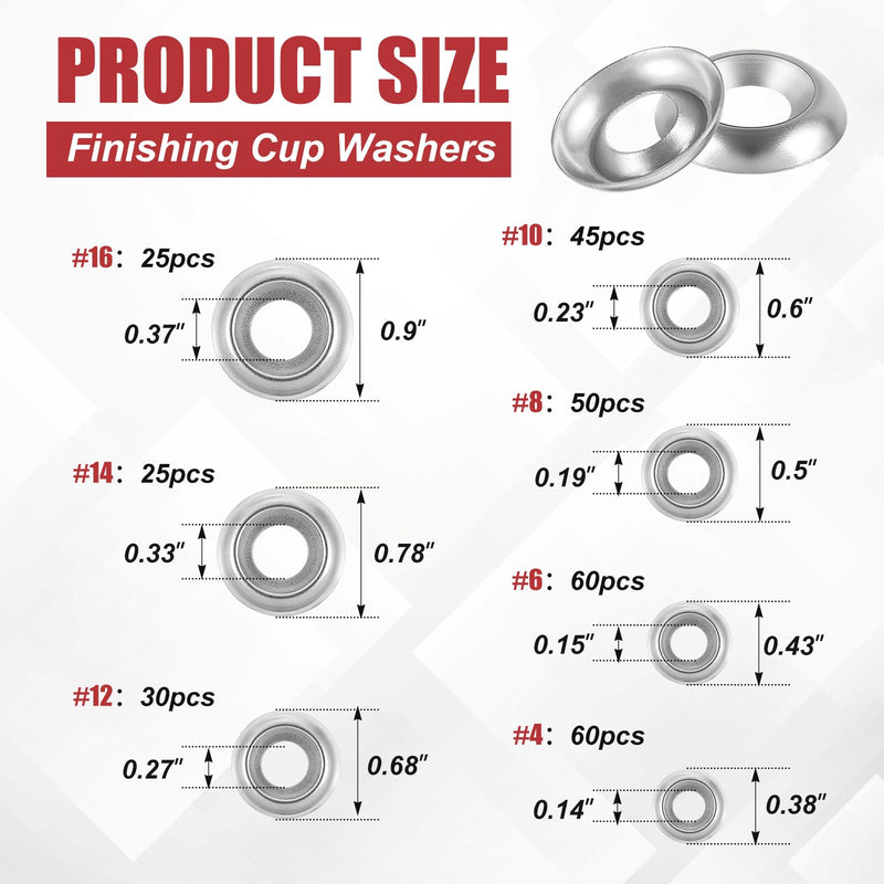 295 Pcs Finish Washers #4#6#8#10#12#14#16 Countersunk Washers Cup Washer Assortment Stainless Steel Finishing Washers, 7 Sizes