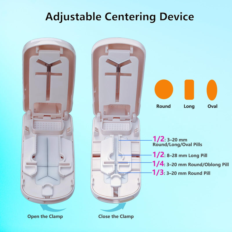 Pill Cutter for Multiple Pills, Pill Splitter for Large, Small and Tiny Pills 1/2 1/3 1/4 - Upgraded Dual Blade for Clean Cutting, with Adjustable Centering Device