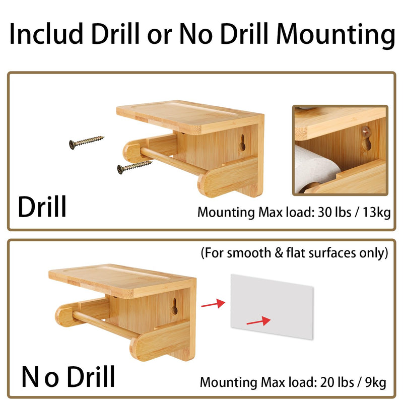 Drill-Free Toilet Paper Holder with Phone Shelf Bamboo Wall-Mounted, No-Drill & Drillable, Bathroom Storage Organizer, Space Saver Tissue Roll Rack for Bathroom, Kitchen, Home Decor (Natural) Natural