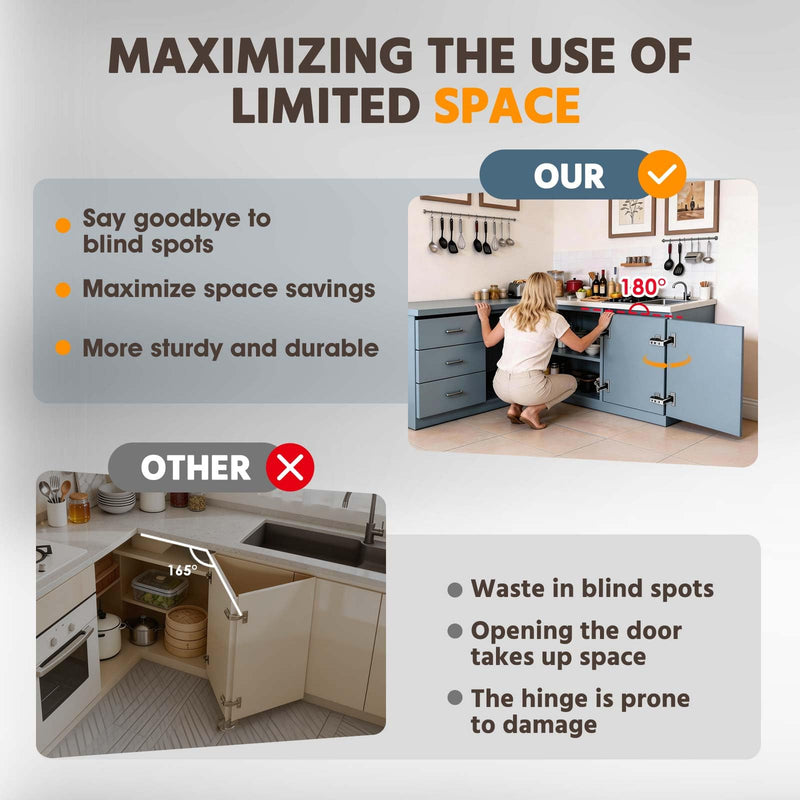 Lazy Susan Hinges 135° & 180° Soft Close for Corner Cabinet, Full Overlay, 2 x 180° + 2 x 135° Hinges, Kitchen Bifold Hardware with Silent Damper, Pie Cut Solution