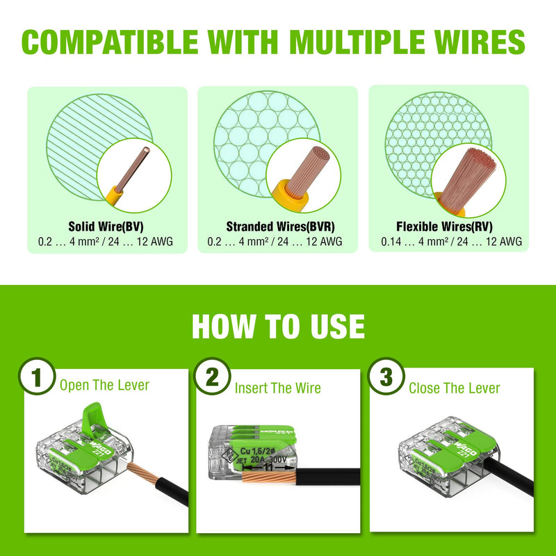 WAGO 221 Series Green Range 80pc Compact Splicing Wire Connectors | Includes (40x 221-422), (25x 221-423), (15x 221-425) | WAGO Wire Connectors | WAGO 221 Wire Nuts | WAGO 221 Series Assortment Pack NAAG221-80