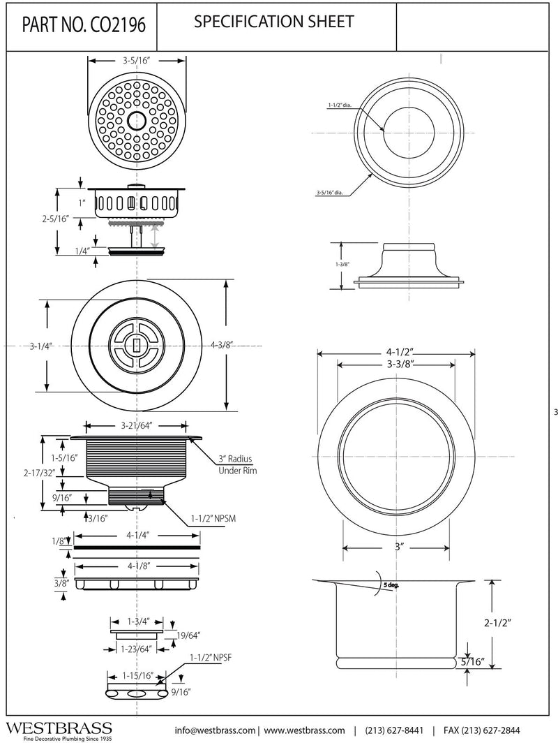 Westbrass CO2196-50 Combo Pack 3-1/2" Post Style Large Kitchen Sink Basket Strainer and Extra-Deep Collar Kitchen Sink Waste Disposal Flange with Stopper, Powder Coat White
