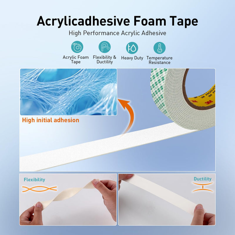 Double Sided Tape Foam Tape 1/2" x 18Ft Made of 3M High Shear Adhesive Mounting Tape with High Temperature Resistance for Interior Exterior Mounting Applications and Other Home Office Deco