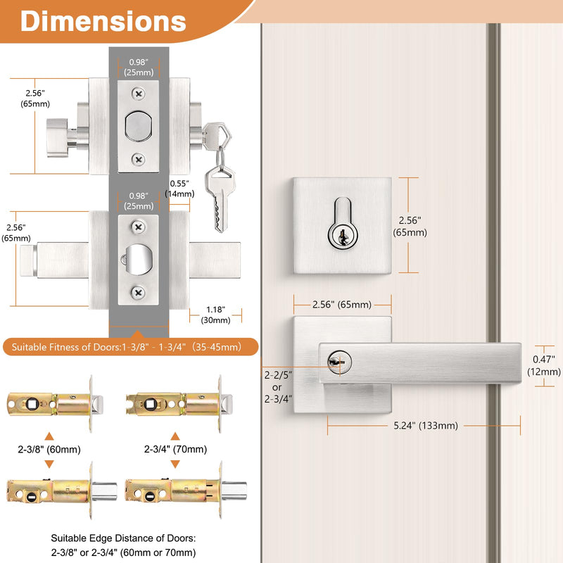 Probrico Square Entrance Lever with Single Cylinder Deadbolt Set Keyed Alike Combo Pack(for Office and Front Door), Heavy Duty Satin Nickel Entry Door Lockset for Right and Left Side, 1 Pack Brushed Nickel
