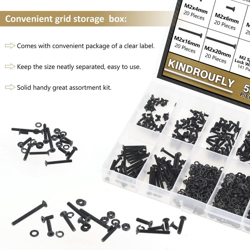 562 Pieces Black M2 x 4/6 /8/10 /12/16 /20mm Countersunk Head Socket Cap Screws Nuts Washers Assortment Kit, 10.9 Grade Alloy Steel