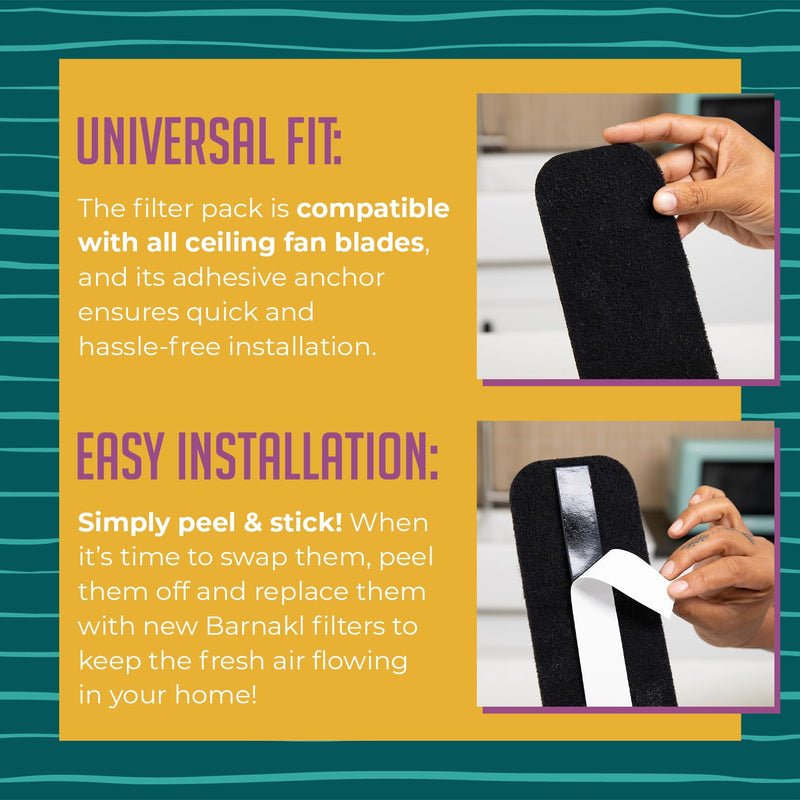 Ceiling Fan Filters | Unscented Activated Coconut Shell Carbon Filter | Easy-Stick Ceiling Fan Air Filters | Universal Ceiling Fan Blade Filters for Common Household Contaminants, (5-Count)