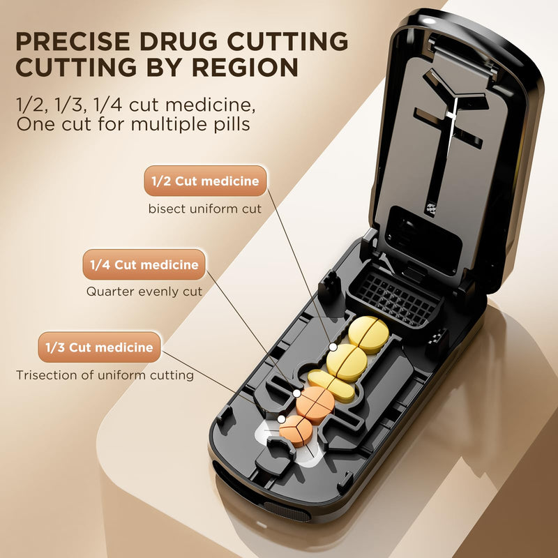 Pill Cutter Splitter for Small and Tiny Pills, 1/2 1/3 1/4 Pill Splitter for Small Pills,Vitamins, Tablets in Half or Quarters, Accurate and Easy Cutting, Stainless Steel Blade, Back Storage (Black) Black