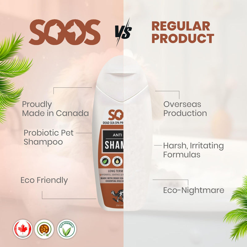 Soos Pet Shampoo Anti-Itch Cat and Dog Shampoo Dead Sea Minerals Fast Absorbing Soothes Itching Clean Fur with Vitamins Essential Oils Natural Ingredients - 1x Bottle (250ml) - PawsPlanet Australia