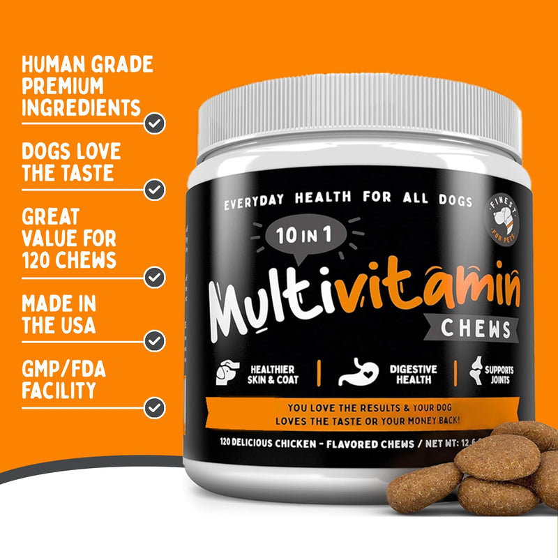 Dog Multivitamin Chewable Treats - Pet Vitamins and Supplement, 10-in-1 Multivitamin for Dogs, Supports Joints, Hip, Bowel, Muscle Health, with Glucosamine and Omega Fish Oil (120 Chews) - PawsPlanet Australia