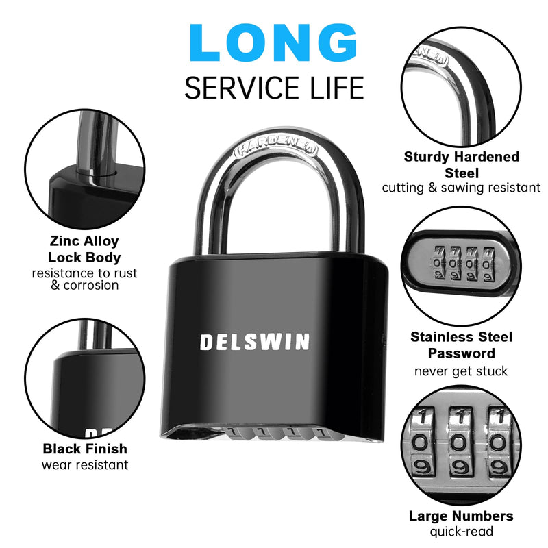 DELSWIN 4-Digit Combination Lock Outdoor Padlock - Heavy Duty Locker Lock with Hardened Steel Shackle, Waterproof Combo Lock for Gym Locker, Hasp Storage, Shed, Fence, Gate (Black,1Pcs) Charcoal Black 1 Piece