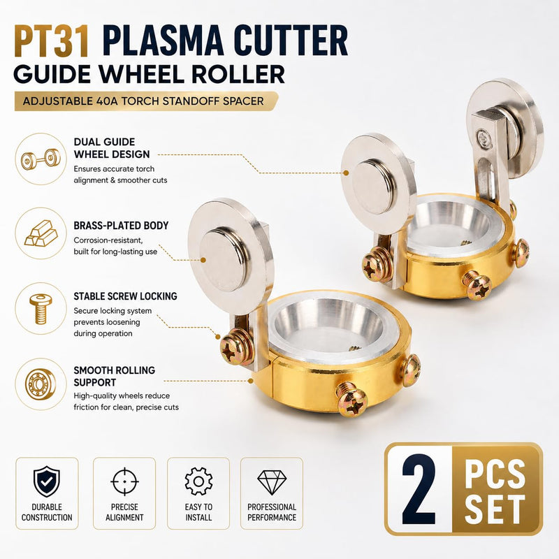PT31 Plasma Cutter Guide Wheel Roller, Adjustable 40A Torch Standoff Spacer, Brass Plated HSS Roller Guide for Precise Metal Cutting, Fits 18-23mm ID (2) 2
