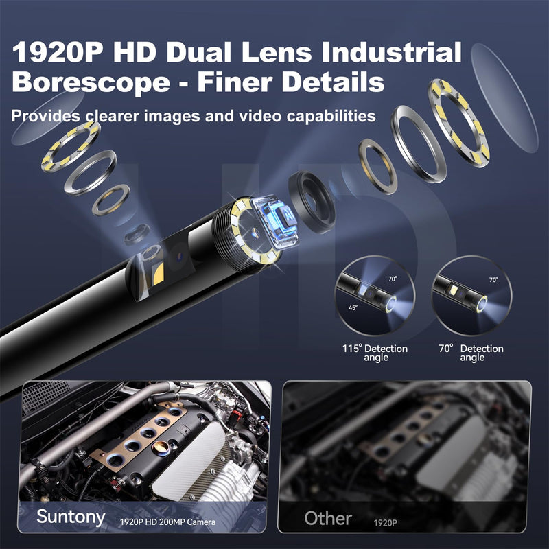 Dual Lens Industrial Endoscope, 1920p Borescope Camera with 8+1 Adjustable Led Light, Endoscope with 16.5ft Semi-Rigid Cable Snake Camera/ 7.9mm Ip67 Waterproof Camera for iPhone, Ipad, Samsung Black