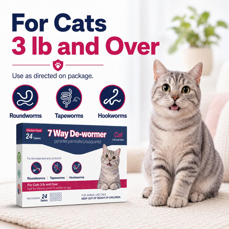 MEGEAR 7 Way De-Wormer for Cats, Chicken Flavored Tablets for Roundworms, Tapeworms & Hookworms, with Pyrantel Pamoate & Praziquantel, for Cats 3 lbs and Over, 24 Tablets