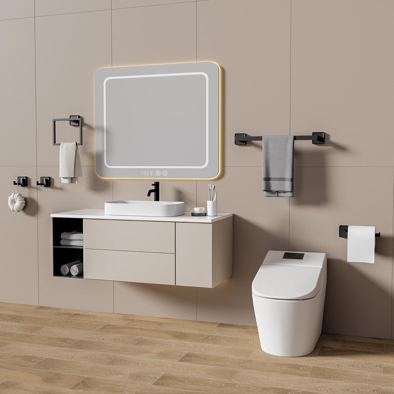5-Piece Bathroom Hardware Set, Modern Square Black SUS304 Stainless Steel Wall Mounted Accessories for Bathroom & Toilet, Includes Towel Bar, Ring, Toilet Paper Holder and Double Hooks