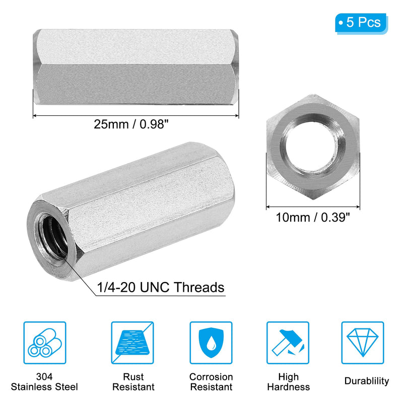 PATIKIL 1/4"-20 UNC 304 Stainless Steel Hex Coupling Nuts, 5Pcs 1" Length Fully Threaded Rod Coupling Nut Studding Connector Fasteners, Silver Tone 1/4"-20 x 1" 5