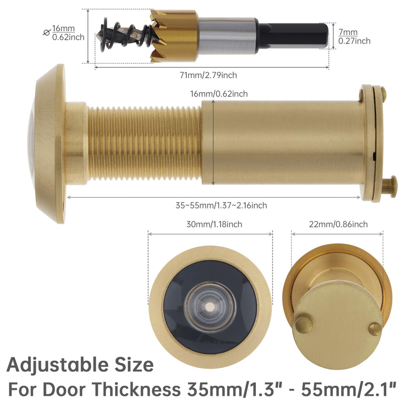 Door Viewer Peephole,200 Degree Solid Brass Peephole with 16 MM Titanium Plating Drill Bit for 1-3/8" to 2-1/6" Doors,5/8 Inch Pipe Diameter Door Eye Viewer with Privacy Cover (Satin Gold) Satin Gold