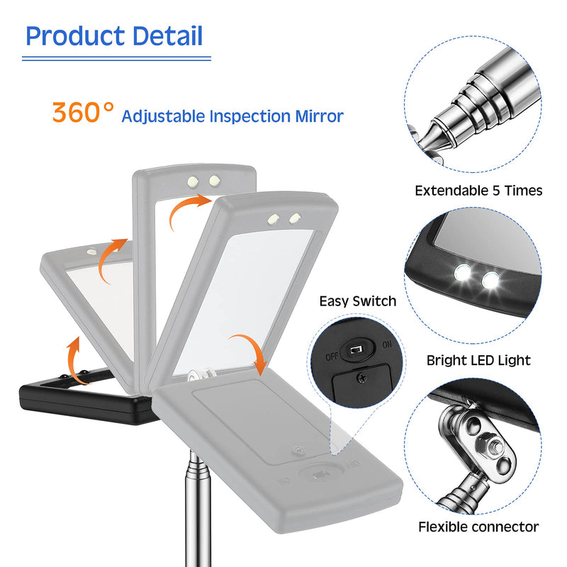 Frienda 2 Pieces Lighted Telescoping Inspection Mirror Flexible Retractable LED Automotive Extension Mirror Round Dental Mirror with Light Pickup Tools Valentine Birthday Gift for Men, Husband, Father