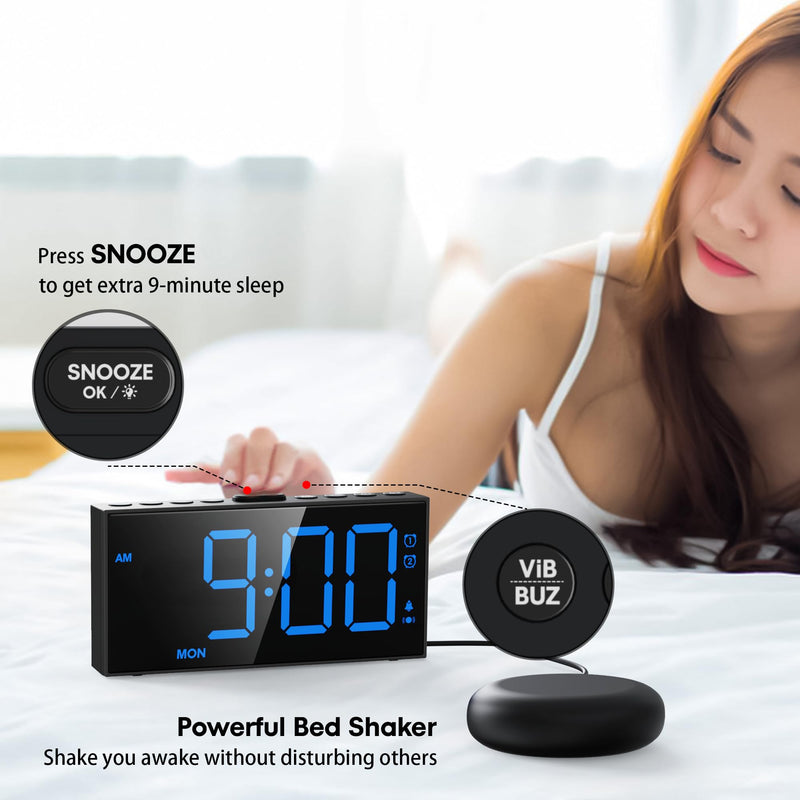 Mesqool Loud Alarm Clock for Heavy Sleeper, with Vibration for Hearing Impaired Deaf, Annoying Clock for Bedroom,USB Port,Dual Alarm with Snooze Blue Digits in Boldface